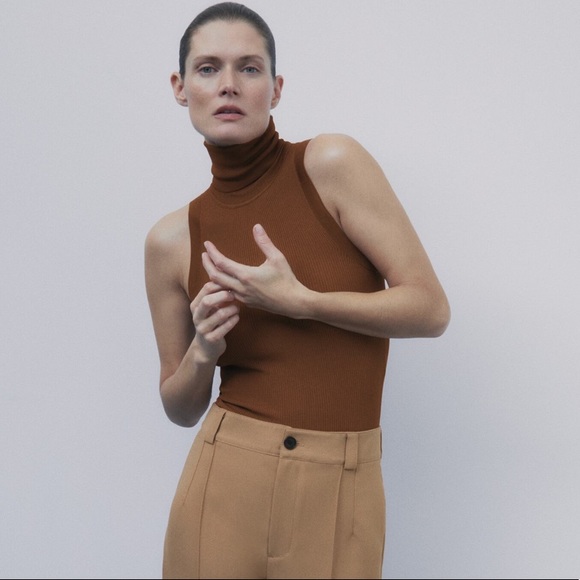 Zara Tops - Zara || Ribbed Knit Brown Sleeveless Turtleneck